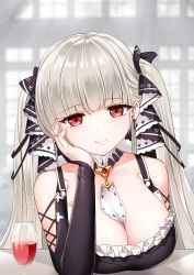 Rule 34 | 1girl, alcohol, arm support, azur lane, blunt bangs, blurry, breasts, cleavage, collarbone, commentary request, cup, depth of field, detached sleeves, drinking glass, earrings, formidable (azur lane), hair ribbon, head rest, highres, jewelry, large breasts, long hair, looking at viewer, maid, red eyes, ribbon, sidelocks, silver hair, smile, solo, sony kisaragi, twintails, wine, wine glass