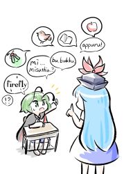 Rule 34 | !?, 2girls, :o, antennae, apple, bird, black cape, blue dress, blue hair, blue shorts, book, cape, collared shirt, desk, dress, fireflies, food, fruit, green eyes, green hair, hand up, hat, highres, kamishirasawa keine, long hair, long sleeves, looking at another, multiple girls, notice lines, open mouth, red cape, school desk, shirt, short hair, short sleeves, shorts, socks, sparrow, speech bubble, sweatdrop, tanishi 0, teacher, teacher and student, teaching, tokin hat, touhou, two-sided cape, two-sided fabric, white legwear, white shirt, wriggle nightbug