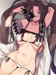 Rule 34 | 1girl, bad id, bad twitter id, bare shoulders, bikini, blush, breasts, brown eyes, brown hair, cleavage, collarbone, earrings, fate/grand order, fate (series), hair ornament, highres, jewelry, kuronyan, large breasts, long hair, looking at viewer, multiple earrings, navel, open clothes, open mouth, robe, solo, sunglasses, swimsuit, thighs, twintails, very long hair, white bikini, yu mei-ren (fate), yu mei-ren (swimsuit lancer) (fate)
