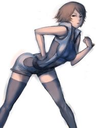 Rule 34 | 1girl, arched back, ass, breasts, brown eyes, brown hair, fumio (rsqkr), hand on own hip, kazama asuka, leaning forward, namco, romper, short hair, simple background, solo, tekken, thighhighs, white background