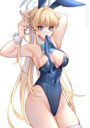 Rule 34 | 1girl, absurdres, adjusting hair, animal ears, artist name, asagiri ai, blonde hair, blue archive, blue eyes, blue hair, blue halo, blue leotard, breasts, cleavage, commentary, covered navel, fake animal ears, halo, highres, leotard, long hair, looking at viewer, medium breasts, mouth hold, multicolored hair, official alternate costume, playboy bunny, rabbit ears, simple background, solo, toki (blue archive), toki (bunny) (blue archive), two-tone hair, white background, white wrist cuffs, wrist cuffs
