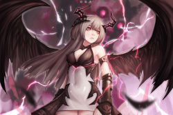 Rule 34 | 1boy, 1girl, armor, artist name, bare shoulders, black wings, blurry, blurry background, blurry foreground, breasts, brown hair, character request, cleavage, cleavage cutout, closed mouth, clothing cutout, commentary, copyright request, covered navel, demon, demon girl, demon horns, depth of field, dress, electricity, english commentary, eyeshadow, feathers, gauntlets, glowing, highres, horns, long hair, looking ahead, makeup, medium breasts, motion blur, nose, nostrils, ony saputra, pink eyes, red eyeshadow, short dress, solo focus, very long hair, weapon, wings