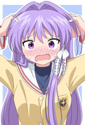Rule 34 | 1girl, arms up, badge, blush, clannad, commentary, embarrassed, fujibayashi kyou, full-face blush, furrowed brow, hair between eyes, hair intakes, hair ribbon, hands on own head, highres, hikarizaka private high school uniform, jacket, lace, lace-trimmed ribbon, lace trim, long hair, long sleeves, looking at viewer, nose blush, open mouth, purple eyes, purple hair, ribbon, sailor collar, school uniform, serafuku, silky (silky illust), solo, straight-on, straight hair, sweatdrop, tress ribbon, tsurime, upper body, very long hair, white ribbon, white sailor collar, wide-eyed, yellow jacket