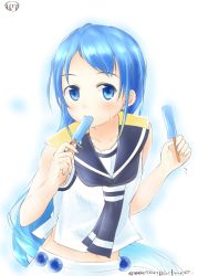 Rule 34 | 10s, 1girl, bare arms, blue eyes, blue hair, dripping, eating, food, gradient hair, kantai collection, long hair, looking at viewer, mae (maesanpicture), matching hair/eyes, midriff, multicolored hair, no gloves, numbered, popsicle, samidare (kancolle), school uniform, serafuku, shirt, simple background, sleeveless, sleeveless shirt, solo, swept bangs, twitter username, very long hair