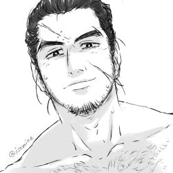 Rule 34 | 1boy, bara, beard stubble, chest hair, collarbone, dutch angle, facial hair, facial scar, golden kamuy, isomine, looking at viewer, mature male, nude, rikimatsu ariko, scar, scar on cheek, scar on face, smile, solo, stubble, thick eyebrows, upper body