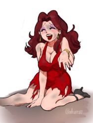 Rule 34 | 1girl, arm support, bare shoulders, blush, bracelet, breasts, brown hair, cleavage, closed eyes, dirty, donkey kong (1981 game), donkey kong (series), dress, earrings, eyeshadow, high heels, jewelry, large breasts, laughing, legs, long hair, makeup, mario (series), nail polish, nintendo, nm qi, open mouth, pauline (mario), red lips, red nails, simple background, teeth, torn clothes, torn dress, twitter username, white background