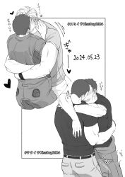 Rule 34 | 3boys, ao isami, arms around neck, bara, black hair, blonde hair, blush, collage, couple, cropped legs, dated, facial hair, forced hug, from above, greyscale, highres, hujina ojsn, kiss, kiss day, lewis smith, loving aura, male focus, monochrome, motion lines, multiple boys, muscular, muscular male, ryuji satake, sideburns stubble, standing, stubble, thick eyebrows, translation request, yaoi, yuuki bakuhatsu bang bravern