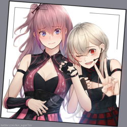 Rule 34 | 2girls, alternate costume, blonde hair, blue eyes, blush, breasts, cleavage, cleavage cutout, clothing cutout, dress, fingerless gloves, girls&#039; frontline, gloves, hair between eyes, hair ornament, holding, holding another&#039;s arm, holding microphone, long hair, looking at viewer, m4 sopmod ii (girls&#039; frontline), microphone, multiple girls, one eye closed, open mouth, fake phone screenshot, pink hair, red eyes, side ponytail, simple background, single glove, skirt, sleeveless, sleeveless dress, smile, st ar-15 (girls&#039; frontline), strap, ten cws, v, white background