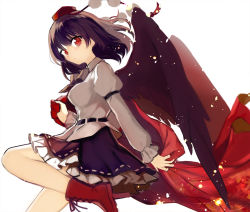 Rule 34 | 1girl, arm strap, bird wings, black bow, black hair, black skirt, black wings, blanket, boots, bow, bowtie, collared shirt, commentary, cross-laced footwear, dot mouth, frilled skirt, frills, from side, fuepo, hat, holding, holding blanket, juliet sleeves, knee up, long sleeves, looking at viewer, pom pom (clothes), puffy sleeves, red eyes, red footwear, red hat, ribbon-trimmed skirt, ribbon trim, shameimaru aya, shirt, short hair, skirt, solo, tokin hat, touhou, white background, white shirt, wings