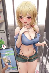 Rule 34 | !, 1girl, absurdres, bare shoulders, belt, bikini, bikini under clothes, black bikini, blonde hair, blue shirt, breasts, cellphone, cleavage, clothing cutout, cowboy shot, crop top, front-tie top, green shorts, hand up, highleg, highleg bikini, highres, holding, holding phone, jewelry, large breasts, looking at viewer, medium hair, midriff, navel, necklace, open fly, open mouth, original, phone, pov, pov hands, red eyes, shirt, short shorts, short sleeves, shorts, shoulder cutout, smartphone, smile, solo, spoken exclamation mark, standing, stomach, string bikini, swimsuit, thighs, wet.elephant, wide sleeves