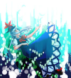 Rule 34 | 1girl, bad id, bad pixiv id, blue dress, blue hair, dress, ex-keine, female focus, fox tail, full body, gradient background, hat, highres, horns, kamishirasawa keine, long hair, red eyes, ribbon, shadow, shi megumi, shoes, solo, tail, touhou, white background
