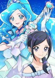 Rule 34 | 2girls, :d, black hair, blue background, blue eyes, blue hair, choker, closed mouth, collarbone, cure fontaine, diadem, earrings, floating hair, grey eyes, hair over shoulder, healin&#039; good precure, holding, jewelry, long hair, looking at viewer, multiple girls, off-shoulder shirt, off shoulder, open mouth, parted bangs, ponytail, precure, sawaizumi chiyu, shirt, smile, tsukikage oyama, very long hair, white shirt
