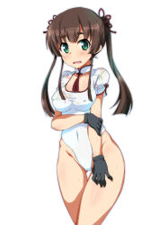 Rule 34 | 1girl, :&lt;, black gloves, black hair, chinese clothes, cowboy shot, covered erect nipples, gloves, green eyes, hair ornament, highres, leotard, looking at viewer, open mouth, original, ouhashi, short eyebrows, simple background, solo, standing, thick eyebrows, thigh gap, twintails, wavy mouth, white background, white leotard