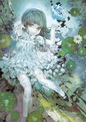 Rule 34 | 1girl, arm up, child, commentary request, dress, frilled dress, frills, highres, hime cut, lily pad, lying, muted color, on back, original, pale skin, print thighhighs, puffy sleeves, reaching, shoes, short sleeves, solo, sundress, surreal, thighhighs, uturo, white thighhighs, yellow eyes