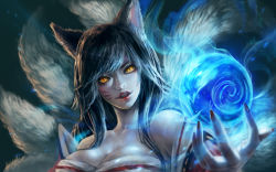 Rule 34 | 1girl, ahri (league of legends), animal ears, bare shoulders, black hair, breasts, cleavage, colored skin, detached sleeves, energy ball, facial mark, female focus, fingernails, fox ears, fox tail, glowing, glowing eyes, large breasts, league of legends, lipstick, long fingernails, looking at viewer, magic, makeup, multiple tails, nail polish, open mouth, outstretched arm, pale skin, r pg, red nails, slit pupils, solo, strapless, swept bangs, tail, whisker markings, white skin, yellow eyes