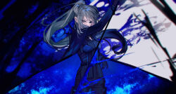 Rule 34 | 1girl, absurdres, arm up, black bodysuit, black gloves, black sclera, blue coat, bodysuit, breasts, coat, colored sclera, e.g.o (project moon), employee (project moon), gloves, grey eyes, grey hair, high ponytail, highres, holding, holding weapon, lobotomy corporation, long hair, long sleeves, looking at viewer, medium breasts, necktie, ponytail, project moon, solo, the sword sharpened with tears (e.g.o), two side up, very long hair, weapon, white necktie, yasuihiruya