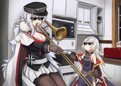 Rule 34 | 2girls, absurdres, admiral graf spee (azur lane), armpits, azur lane, black gloves, black legwear, blunt bangs, breasts, cape, character doll, cleavage, commentary, cross, deal with it (meme), detached sleeves, duplicate, fur collar, fur trim, gloves, graf zeppelin (azur lane), graphite (medium), hair between eyes, hair ornament, hat, height difference, highres, holding, holding instrument, instrument, iron cross, kitchen, long hair, looking at another, matsunaga maguro, meme, microwave, military, military hat, military uniform, mole, mole under eye, multiple girls, music, oven, pantyhose, peaked cap, pencil, playing instrument, pleated skirt, sitting, size difference, skirt, sunglasses, toaster, traditional media, trombone, uniform, when mama isn&#039;t home (meme), white gloves, white hair, z46 (azur lane)
