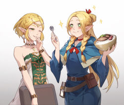 Rule 34 | + +, 2girls, armlet, bare shoulders, belt, belt pouch, blonde hair, blue capelet, blue robe, bowl, braid, brown belt, capelet, chewing, choker, circlet, commentary request, crossover, crown braid, dangle earrings, dress, dungeon meshi, earrings, eating, elf, gradient background, green dress, green eyes, hair around ear, highres, holding, holding bowl, holding spoon, holding tray, hood, hood down, hooded capelet, jewelry, long hair, long sleeves, looking at another, marcille donato, multiple girls, nintendo, official alternate costume, parted bangs, pendant, pointy ears, pouch, princess zelda, puffy cheeks, red choker, robe, shibaziliangliang, short hair, sidelocks, smile, spoon, strapless, strapless dress, the legend of zelda, the legend of zelda: tears of the kingdom, tray, twin braids, two-tone dress, white dress, wide sleeves