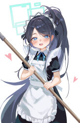 Rule 34 | 1girl, alpha beast, apron, aris (blue archive), aris (maid) (blue archive), black hair, blue archive, blue eyes, blue halo, blush, broom, commentary request, halo, heart, highres, holding, holding broom, long hair, looking at viewer, maid, maid apron, maid headdress, official alternate costume, open mouth, ponytail, short sleeves, simple background, smile, solo, very long hair, white apron, white background