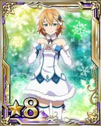 Rule 34 | 10s, 1girl, bare shoulders, black ribbon, brown hair, card (medium), detached sleeves, dress, green eyes, hair ornament, looking at viewer, philia (sao), ribbon, short hair, smile, solo, star (symbol), strapless, strapless dress, sword art online, thighhighs, white dress, white thighhighs