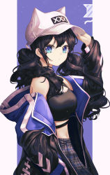 Rule 34 | 1girl, animal hat, arm up, bare shoulders, baseball cap, black hair, black shirt, black skirt, blue background, blue eyes, blue jacket, breasts, cat hat, cleavage, cleavage cutout, clothing cutout, commentary request, cowboy shot, crop top, facial mark, from side, hand in pocket, hand on headwear, hat, highres, jacket, long hair, long sleeves, looking at viewer, looking to the side, medium breasts, midriff, navel, off shoulder, open clothes, open jacket, original, paya (aejx2345), plaid, plaid skirt, shirt, skirt, sleeveless, sleeveless shirt, solo, twintails, two-tone background, white hat