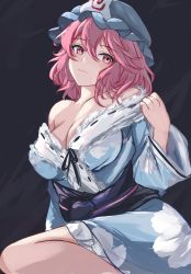 Rule 34 | 1girl, absurdres, bare shoulders, blue dress, blue kimono, breasts, cleavage, closed mouth, dress, grey background, highres, japanese clothes, kimono, large breasts, long sleeves, looking at viewer, obi, off shoulder, orchid (orukido), pink eyes, pink hair, saigyouji yuyuko, sash, short hair, simple background, smile, solo, touhou