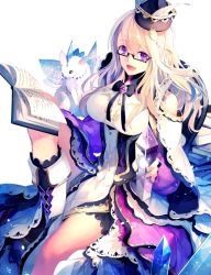 Rule 34 | 1girl, :d, arm support, bad id, bad twitter id, blonde hair, book, bow, breasts, copyright request, crystal, dress, glasses, hat, knee up, large breasts, long hair, looking at viewer, nekonabe ao, open mouth, original, purple eyes, sitting, smile, solo, tenkuu no crystalia, white background
