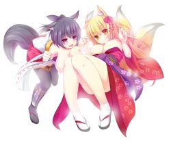 Rule 34 | 2girls, animal ears, bare arms, black hair, black legwear, blonde hair, blush, breasts, character request, clenched hand, closed mouth, convenient leg, downblouse, eyebrows, eyelashes, floral print, fox ears, fox tail, full body, hair ornament, hairclip, highres, holding hands, interlocked fingers, japanese clothes, kanzashi, kimono, knees together feet apart, large breasts, long sleeves, looking at viewer, multiple girls, multiple tails, nipples, obi, off shoulder, okitsune man&#039;yuuki, papino, pigeon-toed, print kimono, red eyes, red kimono, ribbon-trimmed sleeves, ribbon trim, sandals, sash, shin guards, simple background, smile, tabi, tail, thighhighs, unaligned breasts, upskirt, white background, white legwear, wide sleeves, yellow eyes, yoshiteru (okitsune man&#039;yuuki), yuusai (okitsune man&#039;yuuki), zouri