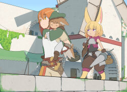 Rule 34 | absurdres, animal ear fluff, animal ears, armor, blonde hair, breastplate, carrying, highres, holding, holding polearm, holding weapon, i u d e x, jacket, kemonomimi mode, lance, leather, leather jacket, mall, medieval, moss, original, outdoors, piggyback, polearm, shadow, short legs, stone wall, sword, walking on fence, wall, weapon