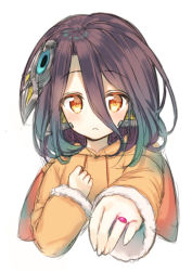 Rule 34 | 1girl, :&lt;, blush, brown eyes, brown hair, closed mouth, coat, commentary request, copyright request, hair between eyes, hair ornament, hood, hood down, hooded coat, jewelry, long hair, long sleeves, looking at viewer, midorikawa you, orange coat, outstretched arm, ring, simple background, sleeves past wrists, solo, white background
