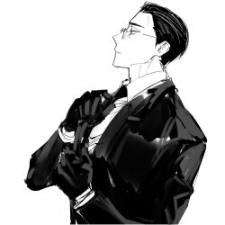 Rule 34 | 1boy, adjusting clothes, adjusting necktie, collared shirt, formal, glasses, gloves, greyscale, hair slicked back, highres, jacket, male focus, monochrome, multicolored hair, necktie, parted lips, project moon, remsrar, shirt, sketch, solo, streaked hair, suit, the distortion detective, upper body, vespa crabro