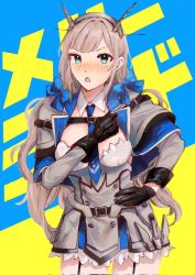Rule 34 | 1girl, anchor, between breasts, black gloves, blue background, blue bow, blue eyes, blue necktie, blush, bow, breasts, capelet, detached collar, dress, garter straps, gloves, grey capelet, grey dress, hair ribbon, hand on own hip, headgear, highres, kantai collection, large breasts, light brown hair, long hair, low twintails, maryland (kancolle), multicolored capelet, necktie, necktie between breasts, nidou, pleated dress, radio antenna, ribbon, shirt, sleeveless, solo, thighhighs, twintails, two-tone background, white shirt, yellow background