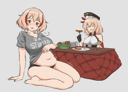 Rule 34 | 2girls, arm behind back, azur lane, bare legs, bare shoulders, barefoot, belly, black gloves, black panties, blonde hair, blush, breasts, closed eyes, clothes lift, collared shirt, commentary, eating, english commentary, facing another, food, gloves, grey eyes, grey shirt, hair between eyes, hand up, large breasts, leipzig (azur lane), lifted by self, looking at viewer, medium breasts, medium hair, motion lines, multicolored hair, multiple girls, navel, no pants, on ground, open mouth, panties, parallelrey, plump, red hair, roon (azur lane), sausage, shirt, shirt lift, simple background, sleeveless, sleeveless shirt, smile, streaked hair, t-shirt, thick thighs, thighs, trembling, underwear, yellow eyes