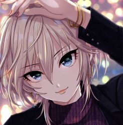 Rule 34 | 1girl, anastasia (idolmaster), arm up, black jacket, blue eyes, blurry, blurry background, bracelet, cityscape, close-up, closed mouth, earrings, grey hair, hair between eyes, highres, idolmaster, idolmaster cinderella girls, idolmaster cinderella girls starlight stage, jacket, jewelry, long sleeves, looking at viewer, pink nails, popon ta, purple sweater, short hair, smile, solo, sweater