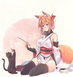 Rule 34 | 1girl, animal, animal ears, bare shoulders, black scarf, black thighhighs, breasts, bridal gauntlets, cat, elbow sleeve, extra ears, fox ears, fox girl, fox tail, green eyes, hands up, japanese clothes, kimono, large breasts, looking at viewer, medium hair, open mouth, orange hair, original, red sash, sash, sawaya (mizukazu), scarf, tail, thighhighs, thighs