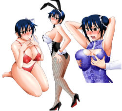 Rule 34 | 1girl, animal ears, apron, armpits, bad source, bikini, black footwear, black leotard, blue dress, blue hair, blush, bow, breasts, brown eyes, china dress, chinese clothes, cleavage, covered erect nipples, double bun, dress, fishnet pantyhose, fishnets, hair between eyes, hair bun, hair ribbon, hairband, hand on own hip, hands on another&#039;s chest, hands on own chest, hands up, high heels, large breasts, leotard, looking at viewer, mokkouyou bond, mole, mole under eye, multiple views, nisekoi, open mouth, pantyhose, rabbit ears, rabbit tail, red bikini, ribbon, short hair, solo, sweat, swimsuit, tail, tsugumi seishirou, white apron