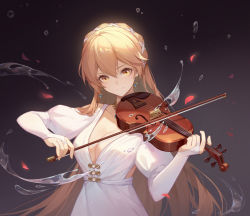 Rule 34 | 1girl, artist request, blonde hair, breasts, cleavage, closed mouth, collarbone, dress, earrings, girls&#039; frontline, hair ornament, highres, holding, holding instrument, instrument, jewelry, long hair, looking at viewer, medium breasts, official alternate costume, ots-14 (destined love) (girls&#039; frontline), ots-14 (girls&#039; frontline), petals, ring, simple background, smile, solo, upper body, water drop, white dress, yellow eyes