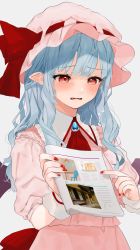 Rule 34 | 1girl, absurdres, alternate hair length, alternate hairstyle, ascot, bad id, bad twitter id, bat wings, blue hair, blush, book, brooch, cake, chair, commentary request, cup, curly hair, dress, drinking glass, fang, flying sweatdrops, food, frilled shirt collar, frills, gotou (nekocat), grey background, hair over shoulder, half updo, hands up, hat, hat ribbon, high collar, highres, holding, holding book, holding magazine, jewelry, long hair, looking away, looking down, magazine (object), mob cap, nail polish, open magazine, parted lips, pink dress, pink hat, pointing, pointy ears, puffy short sleeves, puffy sleeves, red ascot, red eyes, red nails, red ribbon, red sash, remilia scarlet, ribbon, ribbon-trimmed headwear, ribbon trim, sash, short sleeves, sidelocks, signature, simple background, solo, sweatdrop, table, tears, touhou, wings, wrist cuffs