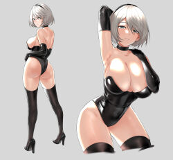 Rule 34 | 1girl, 2b (nier:automata), arm behind head, arm up, armpits, ass, bare shoulders, black hairband, black leotard, breasts, choker, cleavage, collarbone, commentary, elbow gloves, full body, geiger, gloves, grey background, hairband, hands up, high heels, highleg, highleg leotard, highres, large breasts, leotard, light smile, lips, looking back, mole, mole under mouth, multiple views, nier:automata, nier (series), parted lips, shiny clothes, shiny skin, short hair, smile, strapless, strapless leotard, thigh strap, thighhighs, thighs, white hair