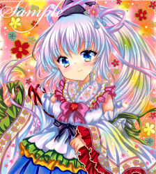 1girl black_hat blue_eyes blue_skirt closed_mouth detached_sleeves embellished_costume floral_background floral_print frilled_shirt frilled_sleeves frills hat hat_ribbon long_hair long_sleeves looking_at_viewer marker_(medium) mononobe_no_futo ribbon rui_(sugar3) sample_watermark shirt skirt smile solo tate_eboshi touhou traditional_media upper_body watermark white_hair white_ribbon white_shirt white_sleeves wide_sleeves