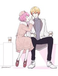 Rule 34 | 1boy, 1girl, beret, black pants, blonde hair, blush, brown coat, brown footwear, brown headwear, closed eyes, coat, coffee cup, couple, cup, disposable cup, facing another, fur-trimmed coat, fur trim, gradient hair, grey sweater, hand up, hat, hetero, highres, holding, holding cup, holding hands, jewelry, lapels, long sleeves, looking at another, meekochinun17, multicolored hair, ootori emu, open mouth, orange eyes, pants, pantyhose, pendant, pink hair, project sekai, short hair, sitting, smile, snowflake print, sweater, talking, tenma tsukasa, twitter username, white background, white coat, white footwear, white pantyhose