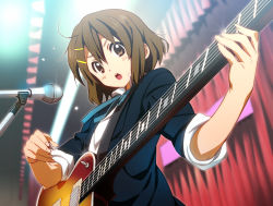 Rule 34 | 1girl, brown eyes, brown hair, electric guitar, guitar, hair ornament, hairclip, hirasawa yui, instrument, k-on!, microphone, microphone stand, music, nyoro (nyoronyoro000), playing instrument, school uniform, short hair, sleeves rolled up, solo, stage, stage lights