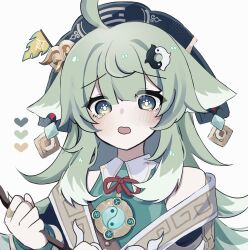 Rule 34 | 1girl, :o, ahoge, bare shoulders, blue hat, blush, collared shirt, color guide, green eyes, green hair, green shirt, hair between eyes, hair tuft, hat, highres, holding, holding stick, honkai: star rail, honkai (series), huohuo (honkai: star rail), jacket, long hair, looking at viewer, neck ribbon, off shoulder, open mouth, red ribbon, ribbon, shirt, sidelocks, simple background, sleeveless, sleeveless shirt, solo, stick, tyako gsn, white background, white jacket, yin yang hair ornament