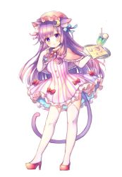 Rule 34 | 1girl, adapted costume, animal ear fluff, animal ears, blue bow, blush, bow, bridal gauntlets, capelet, cat ears, cat tail, coa (chroo x), commentary, crescent, crescent hair ornament, cup, dress, drinking glass, drinking straw, finger to face, frilled dress, frills, full body, hair bow, hair ornament, hat, high heels, holding, holding tray, index finger raised, long hair, looking at viewer, mob cap, patchouli knowledge, pink hat, purple bow, purple dress, purple eyes, purple hair, red bow, red footwear, red neckwear, simple background, solo, striped clothes, striped dress, tail, thighhighs, touhou, tray, white background, white thighhighs