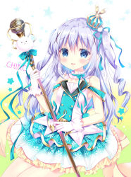 1girl :d bare_shoulders bitter_crown blue_eyes blue_hair blue_ribbon blue_sky blush character_name collarbone commentary_request crown daydream_show female_focus gloves gochuumon_wa_usagi_desu_ka? gradient_background hair_between_eyes hair_ribbon hand_up highres holding holding_microphone kafuu_chino layered_skirt long_hair looking_at_viewer microphone mini_crown open_mouth pleated_skirt print_skirt ribbon ringlets shirt skirt sky smile snowflake_print solo star_(symbol) star_symbol_background tilted_headwear tippy_(gochiusa) treble_clef two_side_up very_long_hair white_background white_gloves white_shirt yellow_background