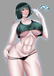 Rule 34 | 1girl, abs, absurdres, areola slip, aura, belly, blue aura, blush, breasts, bush, collarbone, crop top, curvy, dark green hair, female focus, female pubic hair, fubuki (one-punch man), glasses, green eyes, green hair, grey background, hand up, highres, large breasts, legs, lips, lipstick, makeup, medium hair, midriff, narrow waist, navel, one-punch man, open mouth, panties, panty pull, psychic, pubic hair, shiny skin, shirt, short hair, solo, standing, stomach, telekinesis, thick thighs, thighs, thong, toned, toned body, toned female, toned stomach, underboob, underwear, wide hips, zinfian
