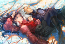 Rule 34 | 1boy, 1girl, archer (fate), black coat, black footwear, black hair, black pantyhose, black skirt, boots, carrot (supercarrot), coat, cross-laced footwear, fate/stay night, fate (series), green eyes, holding hands, knee boots, lace-up boots, long hair, lying, on back, pantyhose, pink coat, red shirt, shirt, skirt, smile, tohsaka rin, white hair
