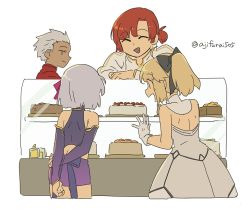 Rule 34 | 1boy, 3girls, :d, ^ ^, archer (fate), arm grab, arms behind back, artoria pendragon (all), artoria pendragon (fate), asaya minoru, bare shoulders, black bow, blonde hair, boudica (fate), bow, cake, closed eyes, dark-skinned male, dark skin, dress, fate/grand order, fate/stay night, fate/unlimited codes, fate (series), food, gloves, grey dress, grey hair, hair bow, jacket, juliet sleeves, kama (fate), kama (first ascension) (fate), long sleeves, multiple girls, open mouth, ponytail, profile, puffy sleeves, purple dress, red hair, saber lily, simple background, sleeveless, sleeveless dress, smile, twitter username, white background, white gloves, white jacket