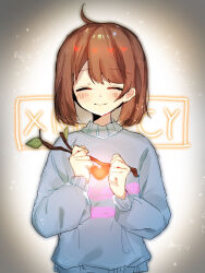 1other ahoge androgynous blue_sweater blush branch brown_hair closed_eyes closed_mouth frisk_(undertale) glowing_heart heart highres long_sleeves shirt smile striped_clothes striped_shirt striped_sweater sweater undertale yuri_(miiiiikun0515)