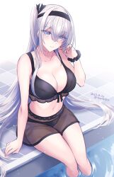 Rule 34 | 1girl, arm support, bikini, black bikini, blush, breasts, cleavage, closed mouth, collarbone, dated, fuyutsuki (kancolle), grey eyes, grey hair, hair between eyes, highres, kabocha torute, kantai collection, large breasts, long hair, one-hour drawing challenge, one side up, partially submerged, pool, sitting, smile, solo, swimsuit, twitter username, water